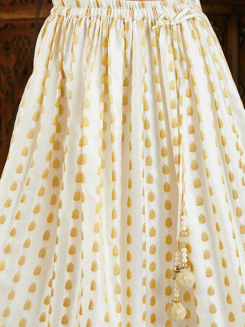 Girl's' Cream And Gold Jacquard Lehenga